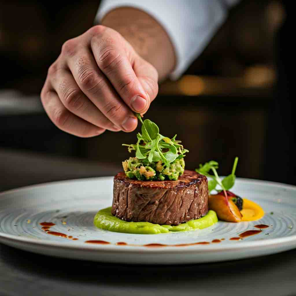 Le chef dépose les herbes sur un tournedos