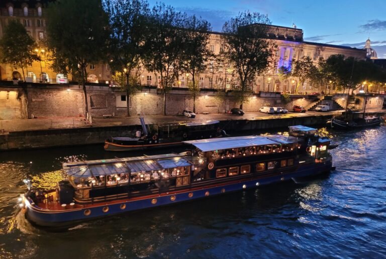 Le Calife illuminé naviguant de nuit sur la Seine, le long des quais